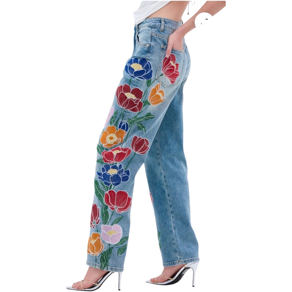 New! AKIRA Blue Jeans with Colorful Floral Embroidery - Picture 5 of 8